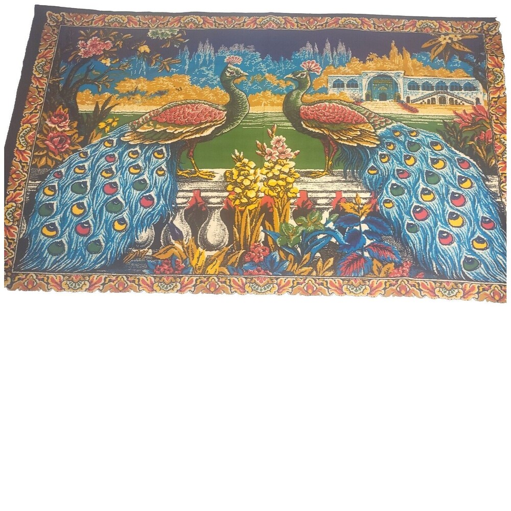 Peacock Theme Wall Rug Vintage Tapestry 1970's Made in Turkey 38 x 51" Vibrant